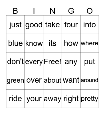 sight words Bingo Card