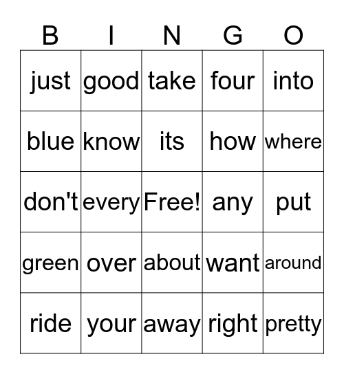 sight words Bingo Card