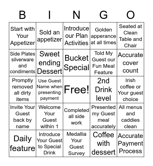 Guest Experience Bingo Card