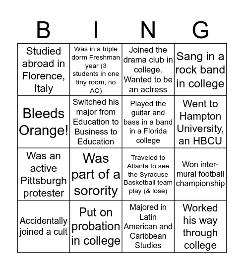 College Bingo: Find the Staff Member Bingo Card