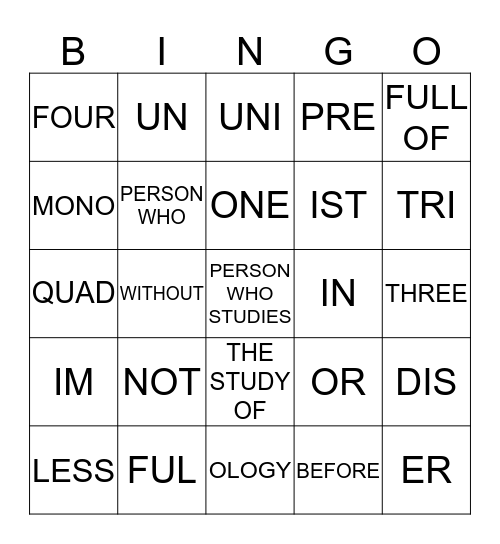 Word Cells #1-5 Bingo Card