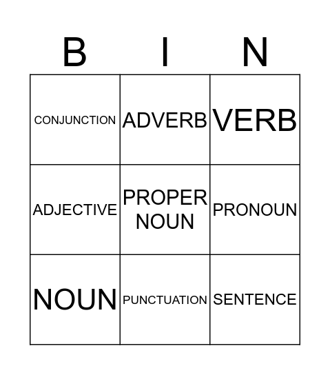 Grammar Vocabulary Bingo Card