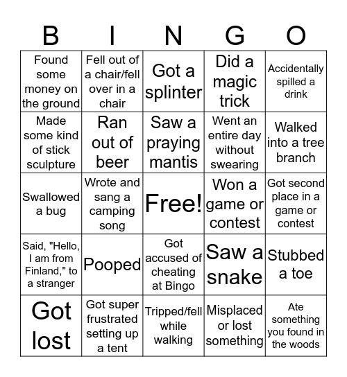 CAMPING BINGO! Bingo Card