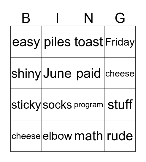 long and short vowels Bingo Card