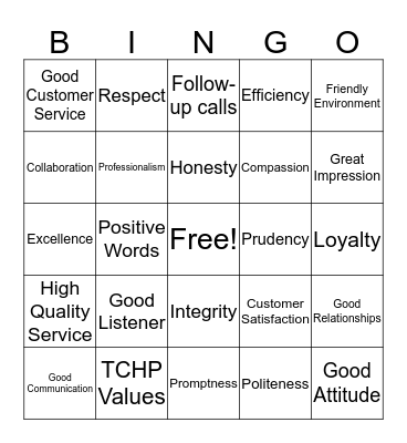 Customer Service and TCHP Values Bingo Card