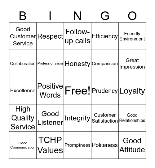 Customer Service and TCHP Values Bingo Card