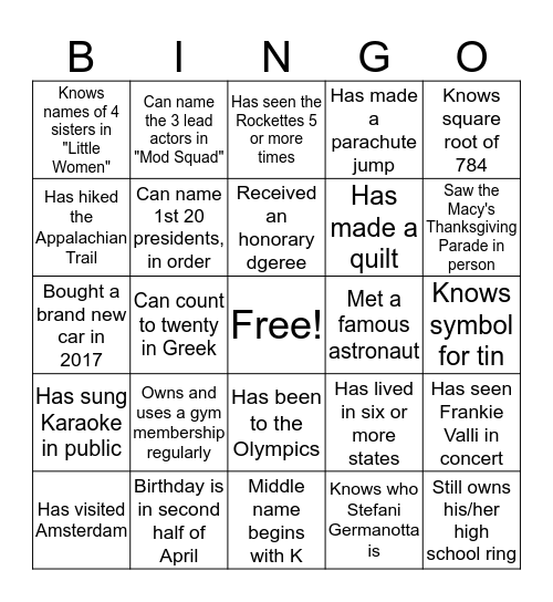 REUNION NIGHT BINGO Card