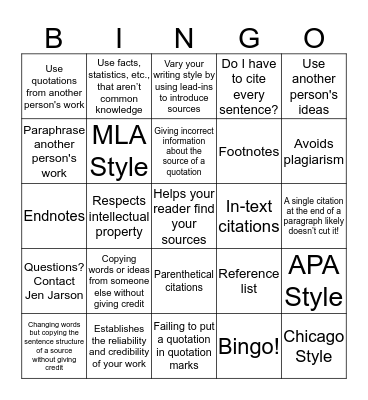 Avoiding Plagiarism Bingo Card