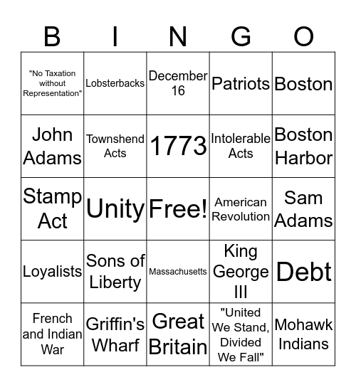 The Boston Tea Party Bingo Card