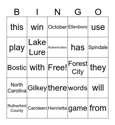 Spelling Words Bingo Card