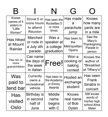 REUNION NIGHT BINGO Card