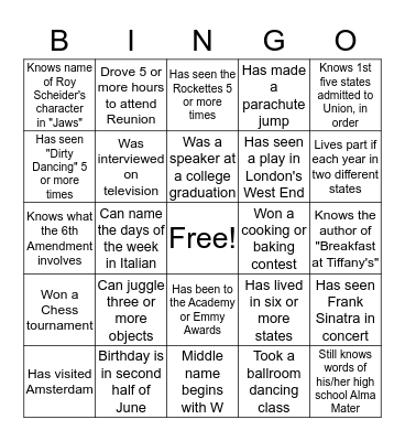 REUNION NIGHT BINGO Card