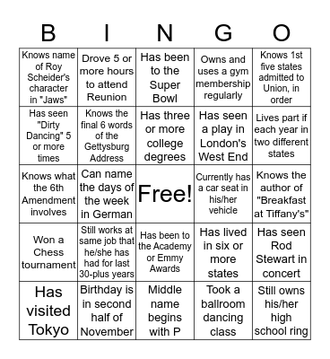 REUNION NIGHT BINGO Card