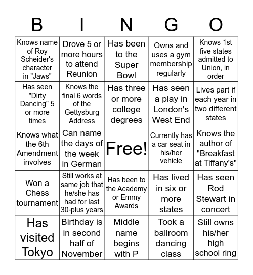 REUNION NIGHT BINGO Card