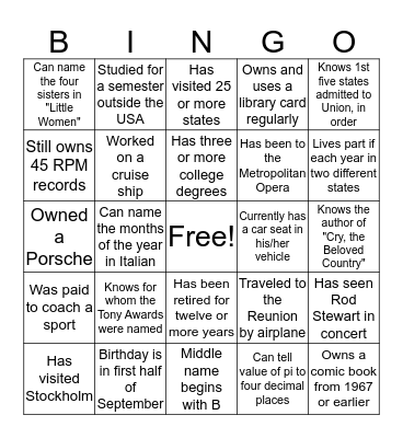 REUNION NIGHT BINGO Card
