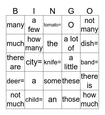 Singular, Plural, Noncount NOUNS Bingo Card