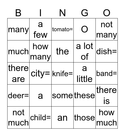 Singular, Plural, Noncount NOUNS Bingo Card