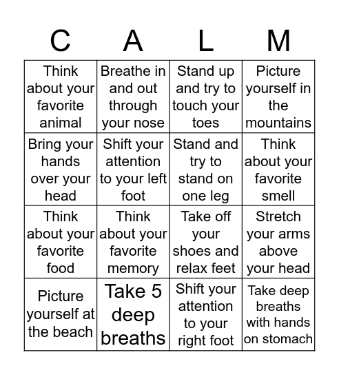 Meditation Bingo Card