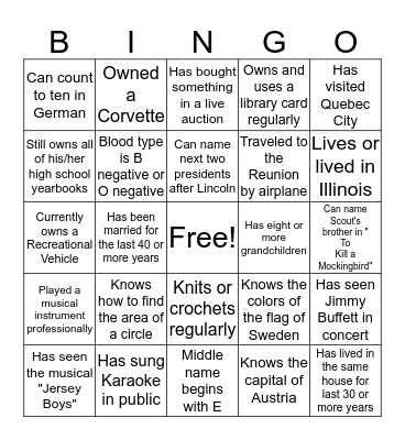 REUNION NIGHT BINGO Card