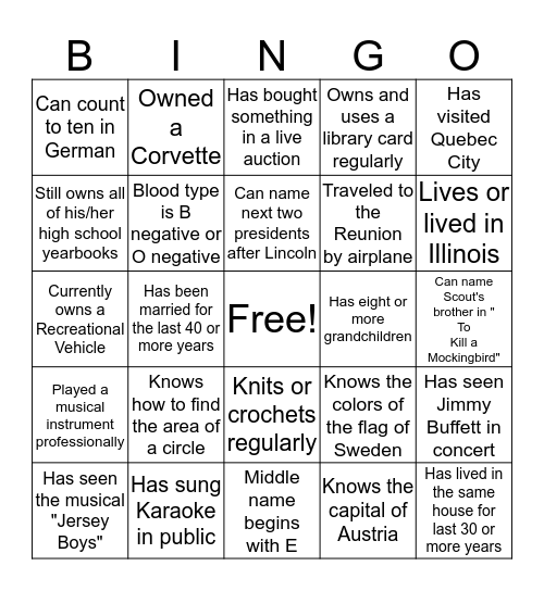 REUNION NIGHT BINGO Card