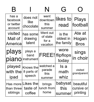 Get to Know Seventh Grade Bingo Card