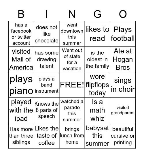 Get to Know Seventh Grade Bingo Card