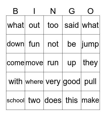 Sight Words Bingo Card
