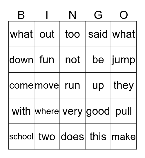 Sight Words Bingo Card