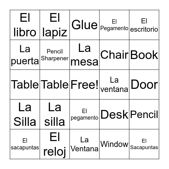 Classroom Objects Bingo Card