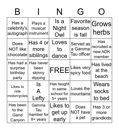 Gamma Tau Sisters Bingo Card