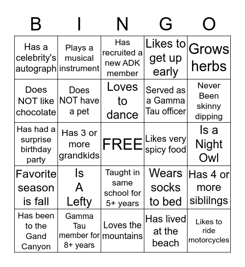 Gamma Tau Sisters Bingo Card