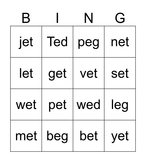 Spelling Test Bingo Card