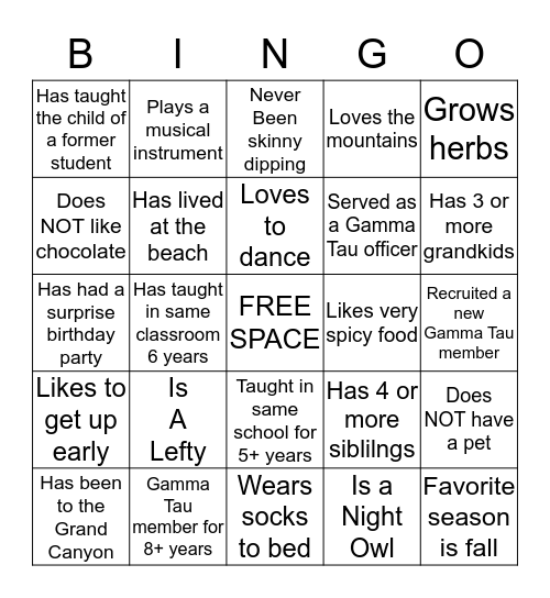 Gamma Tau Sisters Bingo Card