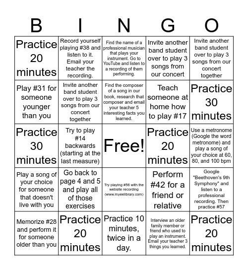 Winter Break Band Bingo Card