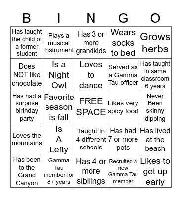 Gamma Tau Sisters Bingo Card