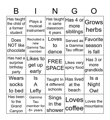 Gamma Tau Sisters Bingo Card