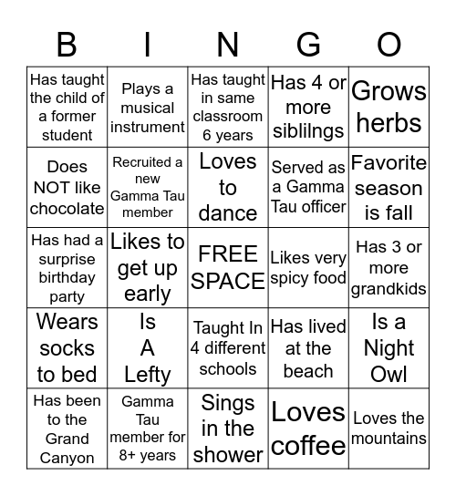 Gamma Tau Sisters Bingo Card