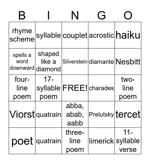 Poetry Bingo Card