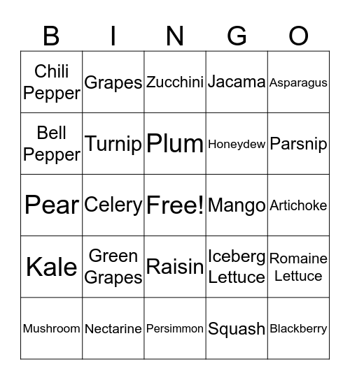 Fruits & Veggies Bingo Card