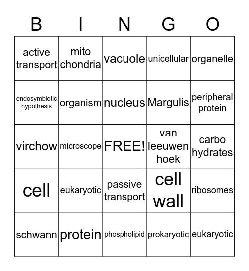 All About Cells Bingo Card