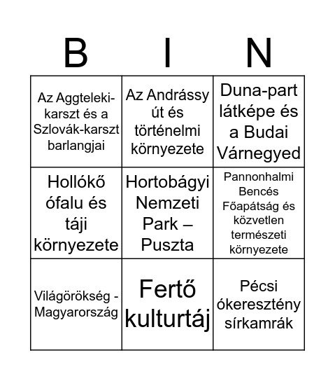 Világörökség - Magyarország Bingo Card