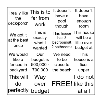 House Hunters Bingo Card