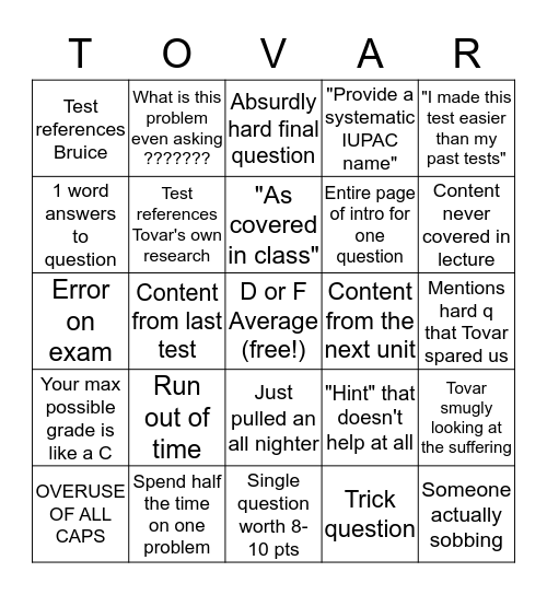 Tovar Exam Bingo Card
