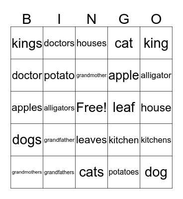 Singular Nouns / Plural Nouns Bingo Card