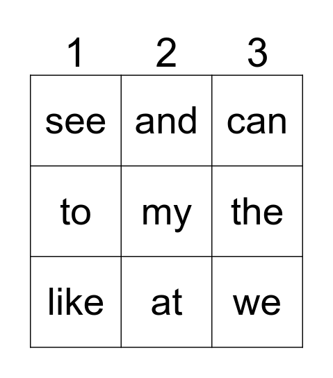 Beginning Sight Word Bingo Card