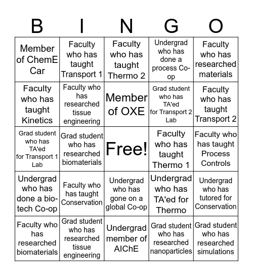 ChemE Department Bingo Card