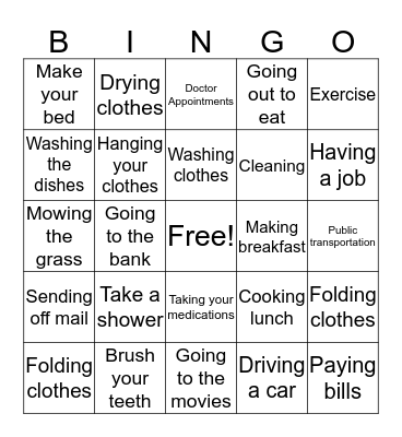 Activities of Daily Living Bingo Card
