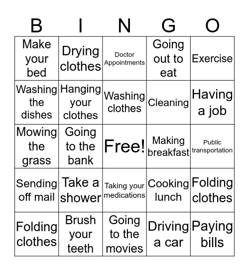 Activities of Daily Living Bingo Card