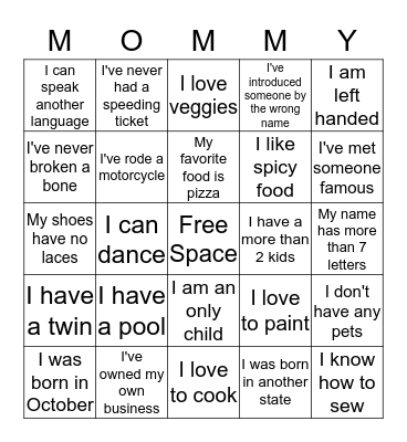 Mommy Bingo Card