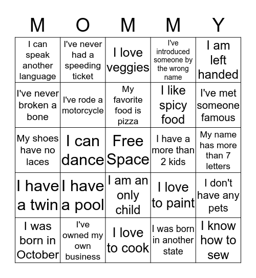 Mommy Bingo Card